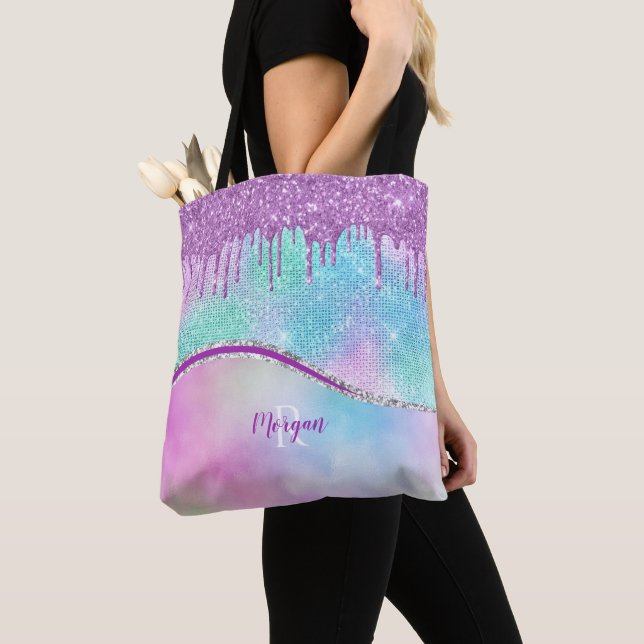 Tote Bag Parties scintillant pourpre et étincelle, nom et m (De près)