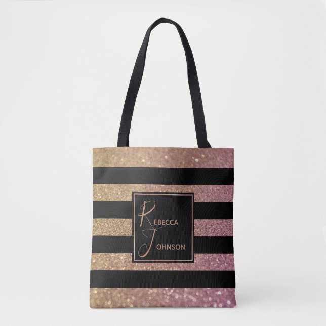 Tote Bag Parties scintillant rose or de luxe rayures Monogr (Devant)