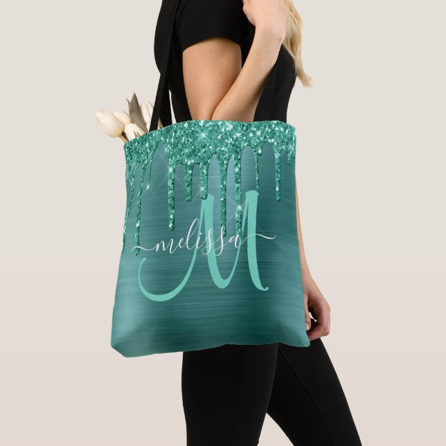 Tote Bag Parties scintillant Turquoise de goutte broyée Mon (De près)