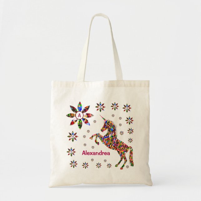 Tote Bag Parties scintillant Unicorn Imaginaire Fleurs Pers (Devant)