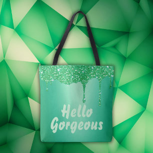 Tote Bag Parties scintillant verte avec monogramme Hello Go