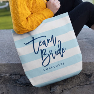 Tote Bag Pastel Blue and White Stripes Blue Team Bride