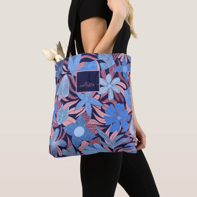 Tote Bag Pastel Blue Rose Floral Feuille Parties scintillan (De près)