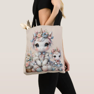 Tote Bag Pastel Kawaii Unicorne Mère Fille Duo Beige