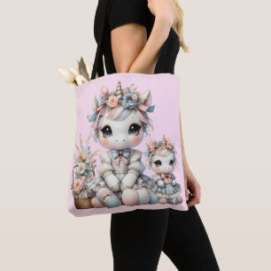 Tote Bag Pastel Kawaii Unicorne Mère Fille Duo Rose