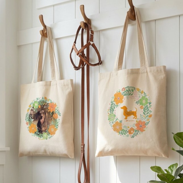 Tote Bag Pastel Orange Dachshund Floral Tote – Custom Photo (Créateur téléchargé)