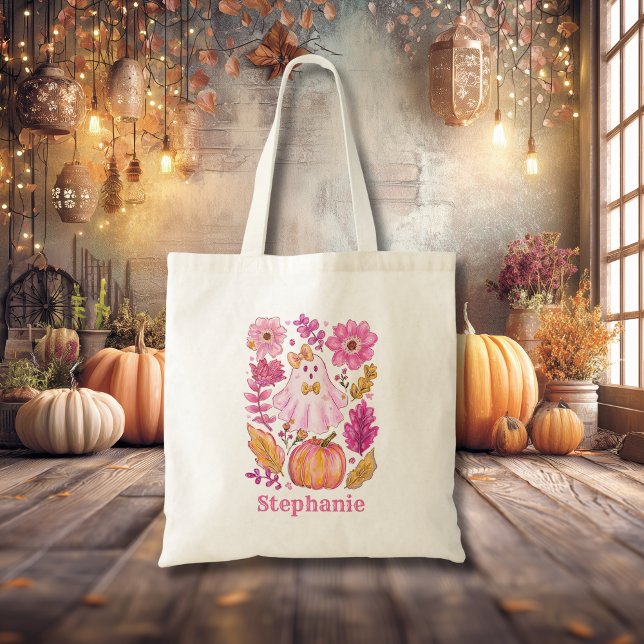 Tote Bag Pastel Pink Halloween Ghost with Custom Name (Créateur téléchargé)