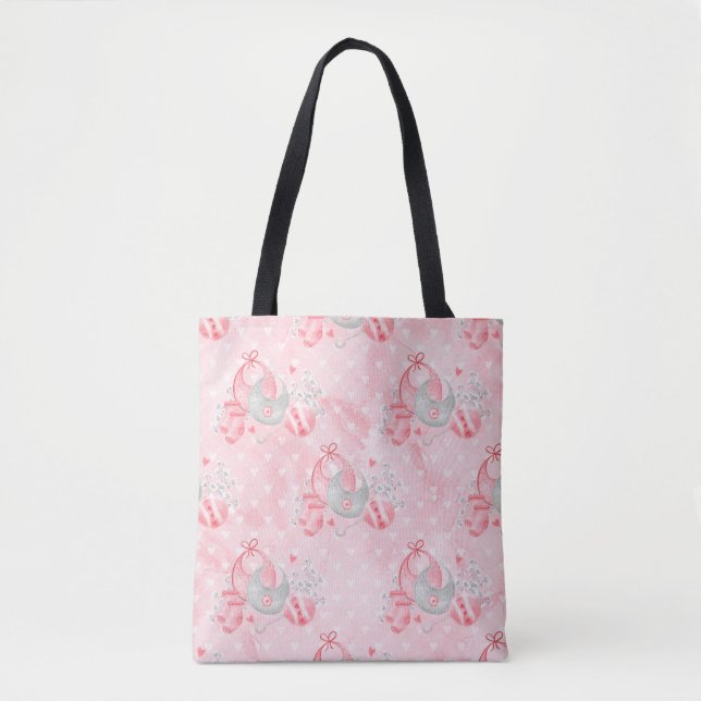 TOTE BAG PASTEL ROSE BÉBÉ BIBS SOCKS RATTLE (Devant)