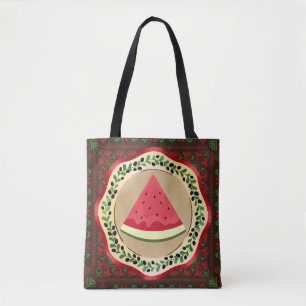 Tote Bag pastèque sur plaque d'olive avec tatreez palestini