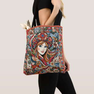 Tote Bag Patchwork d'art populaire russe Bohème Chic Rouge