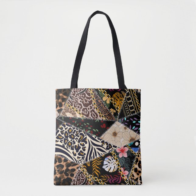 Tote Bag Patchwork Leopard : Ethnic Lining Design. (Devant)