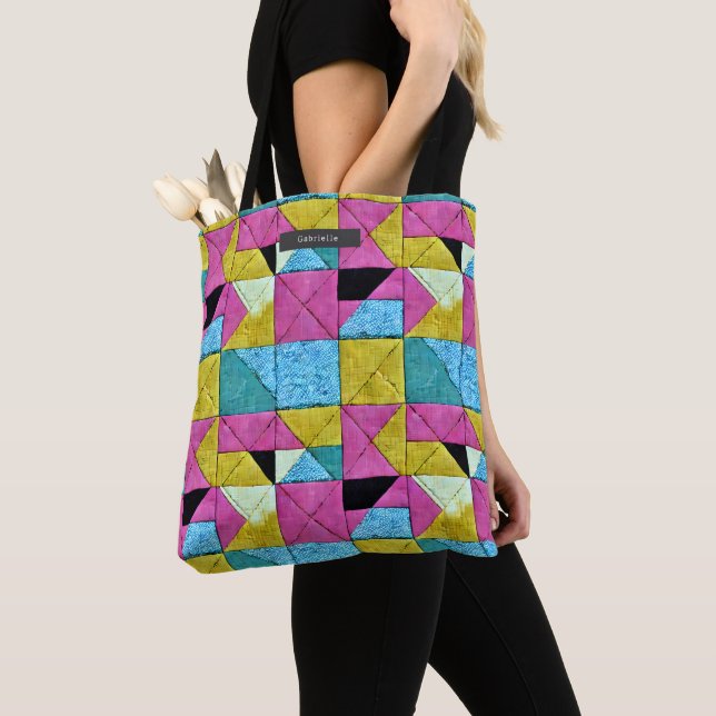 Tote Bag Patchwork Quilt Inspirée Boho Trompe L'oeil (De près)