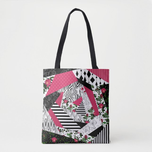 Tote Bag patchwork rouge, populaire, patchwork lancer oreil (Devant)