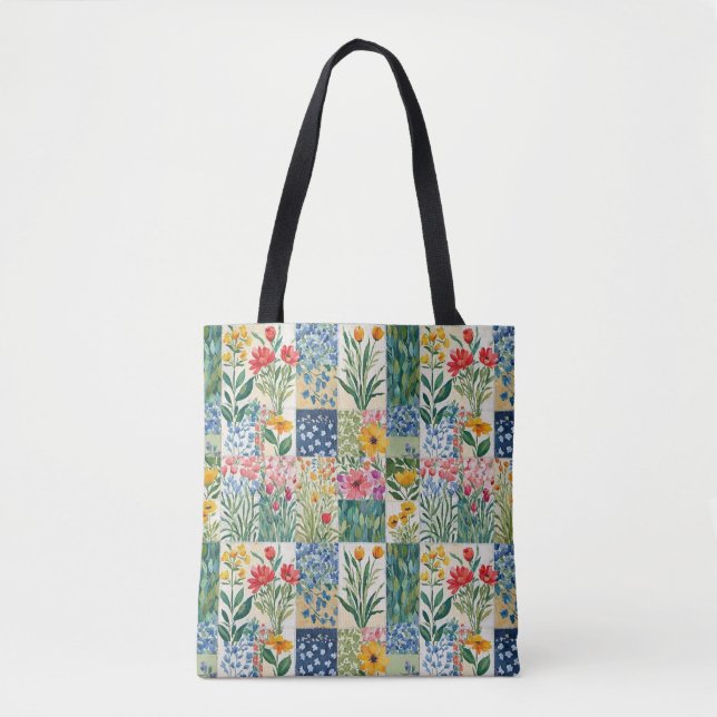 Tote Bag Patchwork rustique Jardin botanique fleuri Joli (Devant)