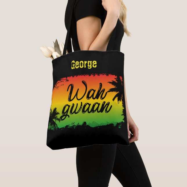 Tote Bag Patois jamaïcain Wah Gwaan Rasta couleur noir (De près)