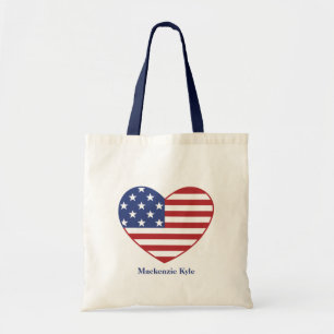Tote Bag Patriotique American Flag Heart Nom du monogramme