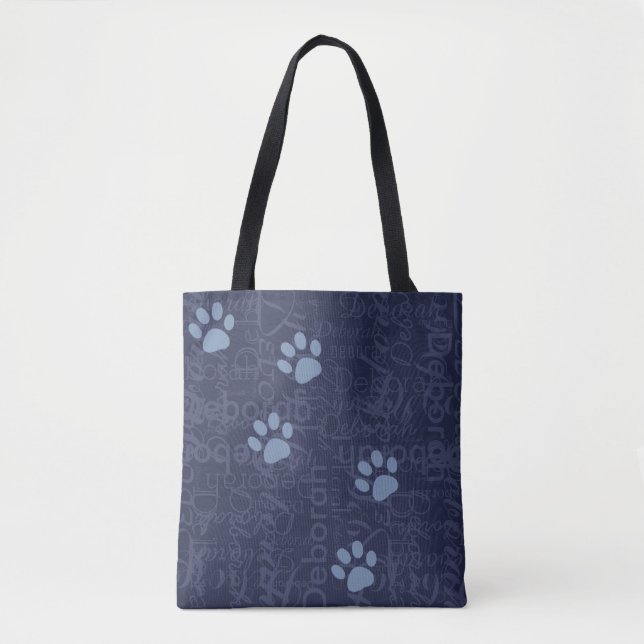 Tote Bag pattes avec un motif de noms sur bleu (Devant)