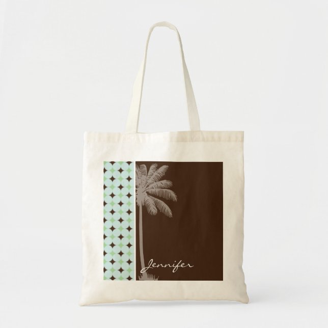 Tote Bag Paume tropicale ; Vert sauge et brun (Devant)