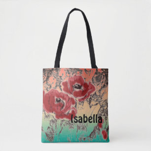 Tote Bag Pavot à fleurs rouges noires grises croisées
