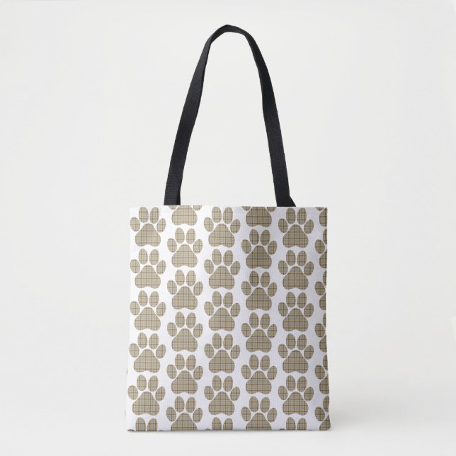 Tote Bag Paw Shape Plaid Tan Dog Cat (Devant)