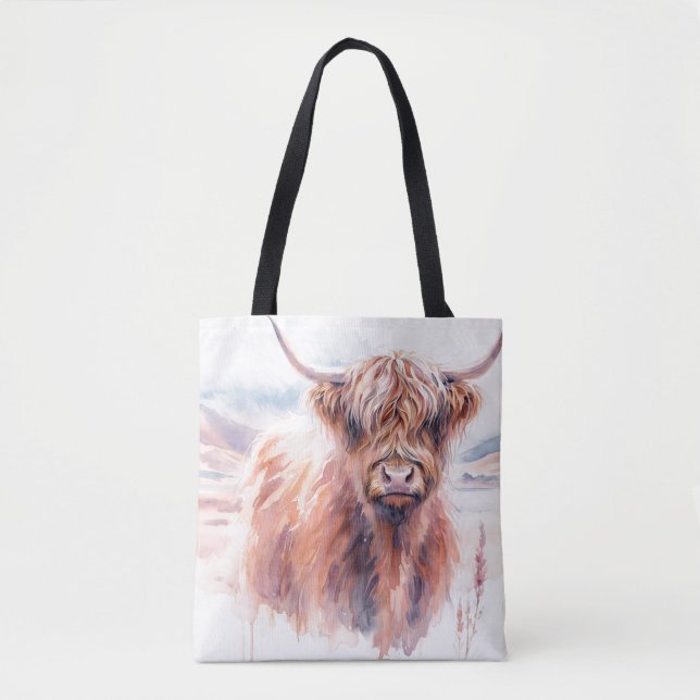 Tote Bag Paysage de vache Highland Aquarelle (Devant)