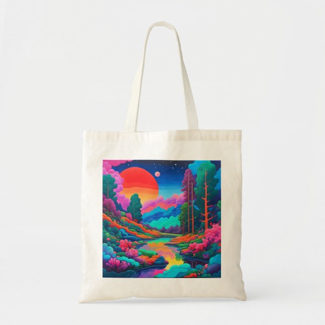 Tote Bag Paysage psychédélique art vert rose (Devant)