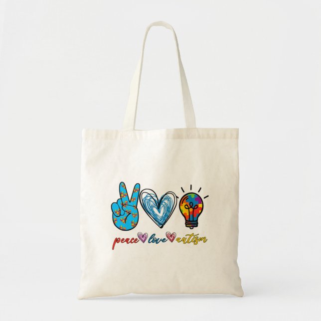 Tote Bag Peace Love Autism Puzzle Ribbon Autism Awareness P (Devant)