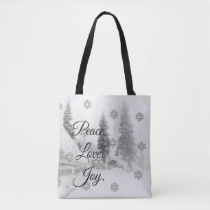 Tote Bag Peace Love Joy Noir et blanc Snowfall Noël