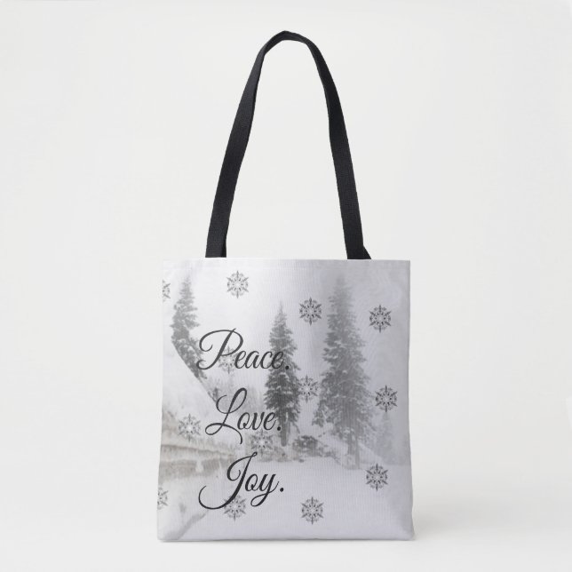 Tote Bag Peace Love Joy | Noir et blanc Snowfall Noël (Devant)