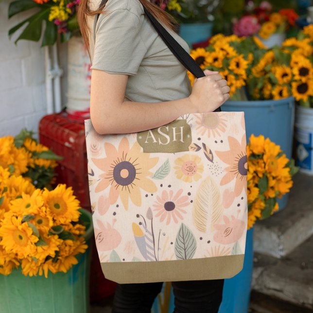 Tote Bag Peach Brown Floral Monogramme (Créateur téléchargé)