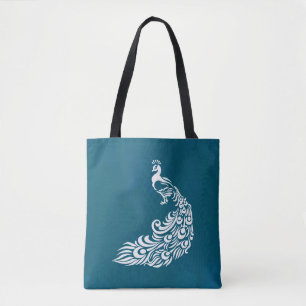 Tote Bag Peacock blanc sur design Art déco chic Turquoise