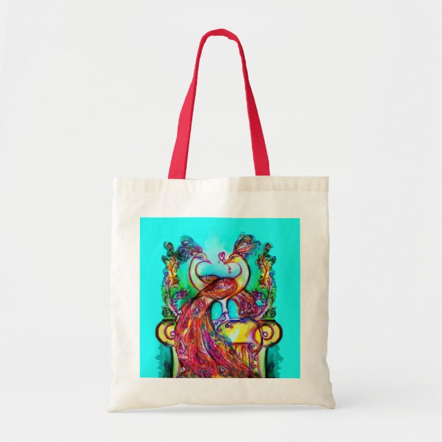 Tote Bag PEACOCKS EN AMOUR rouge bleu turquase vert (Devant)