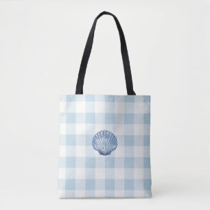 Tote Bag Peinture Coquillage Bleu Marin Gingham Bleu
