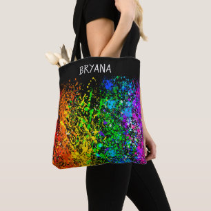 Tote Bag Peinture couleur arc-en-ciel noir éclaboussure col