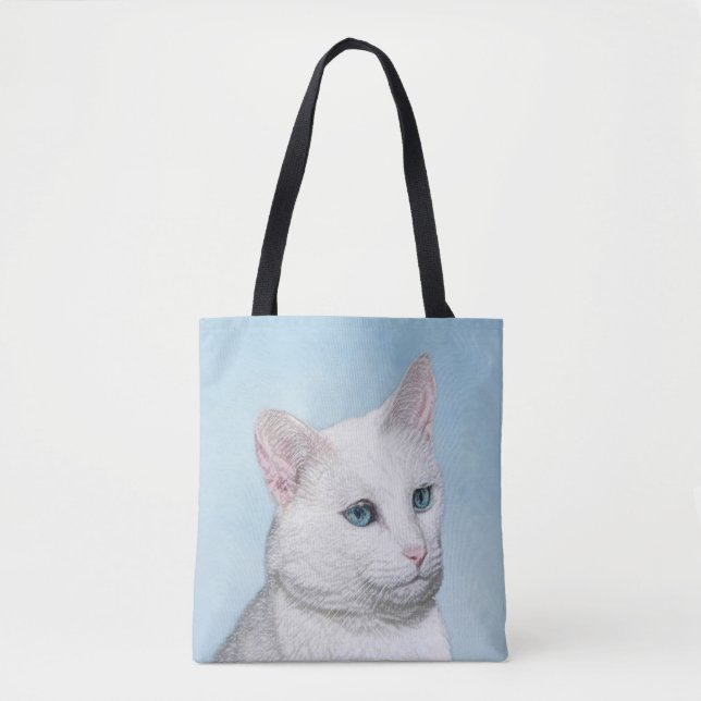 Tote Bag Peinture de chat blanc - Cute Original Cat Art (Devant)