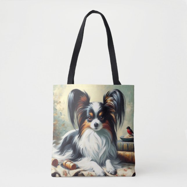 Tote Bag Peinture de chien Papillon vintage (Devant)