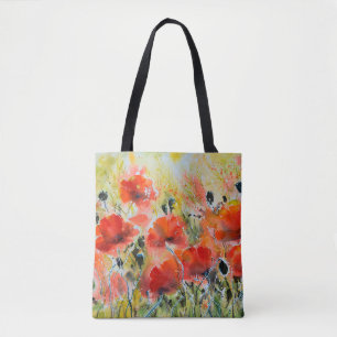 Tote Bag Peinture de fleurs de pavot rouge couleur eau. Fle