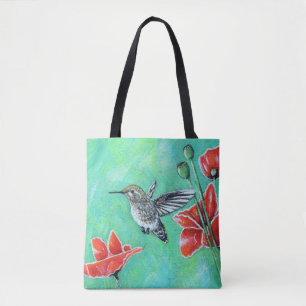 Tote Bag Peinture des colibris et des pavots