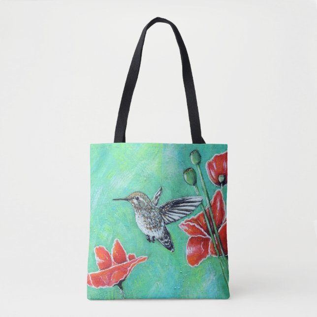 Tote Bag Peinture des colibris et des pavots (Devant)