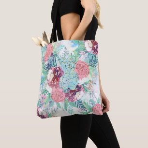 Tote Bag Peinture Main Rose Pâle Menthe Pivoine & Succulent