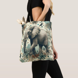 Tote Bag Peinture vintage sur la jungle des éléphants