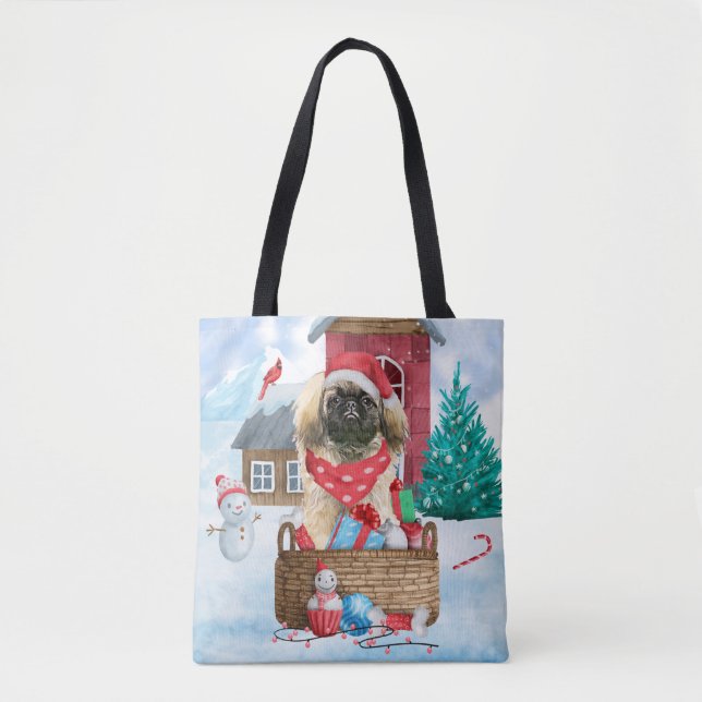 Tote Bag Pekingese Dog In snow Christmas Dog House (Devant)