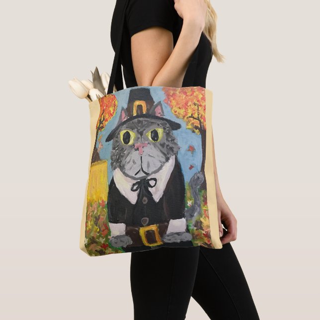 Tote Bag Pèlerin Folk Art Thanksgiving Chats Double Côté (De près)