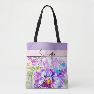 Tote Bag Pensée Rose Aquarelle Pensées floral Fleur