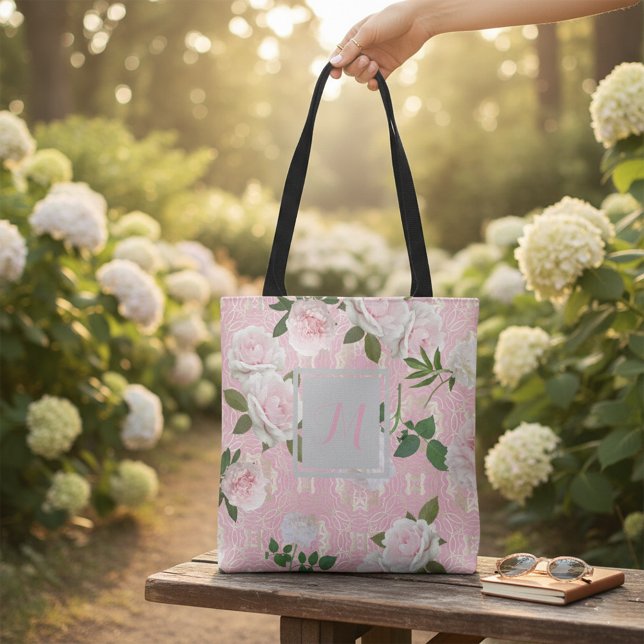 Tote Bag Peonos rose sur le rose et l'or Damask Monogramme (Créateur téléchargé)