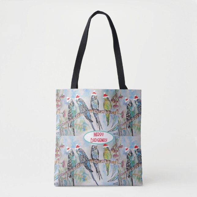 Tote Bag Père Noël Budgie Noël aquarelle peinture oiseau (Devant)