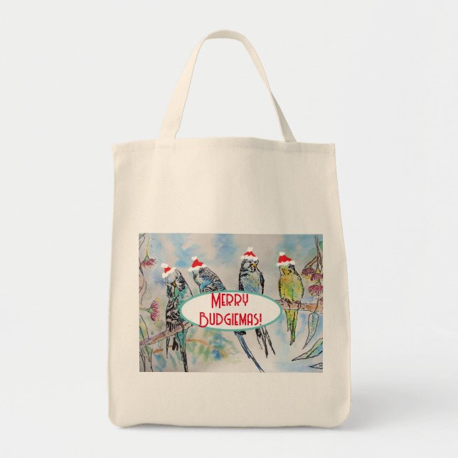 Tote Bag Père Noël Budgie Noël aquarelle peinture oiseau (Devant)