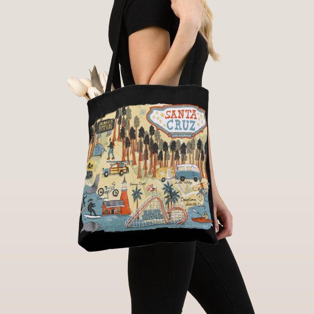 Tote Bag Père Noël Cruz Californie Carte illustrée Noir (De près)