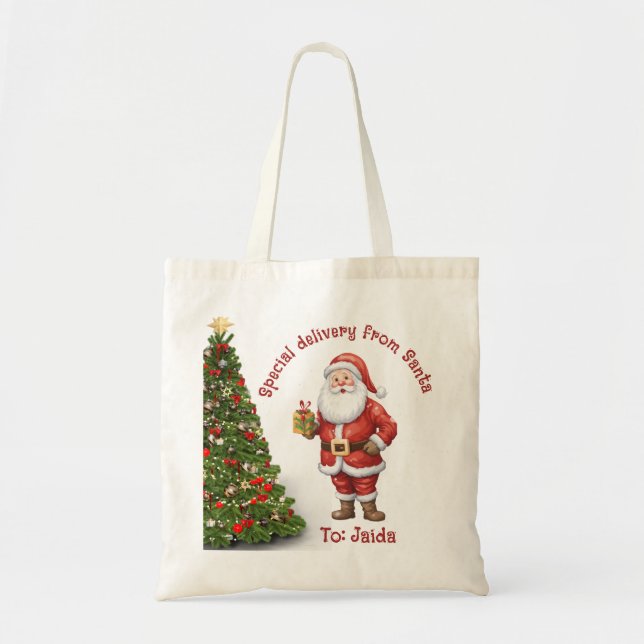 Tote Bag Père Noël de Noël modifiable avec présent (Devant)