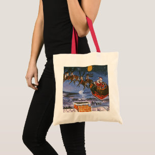 Tote Bag Père Noël de Noël vintage volant son traîneau